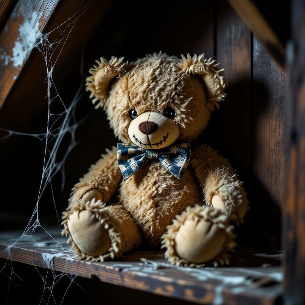 Forlorn Teddy Bear in Eerie Attic Moonlight