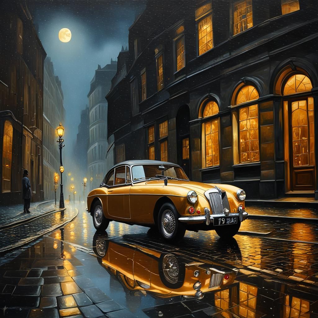 Golden MG Vintage Car in Rainy City, Rembrandt Style