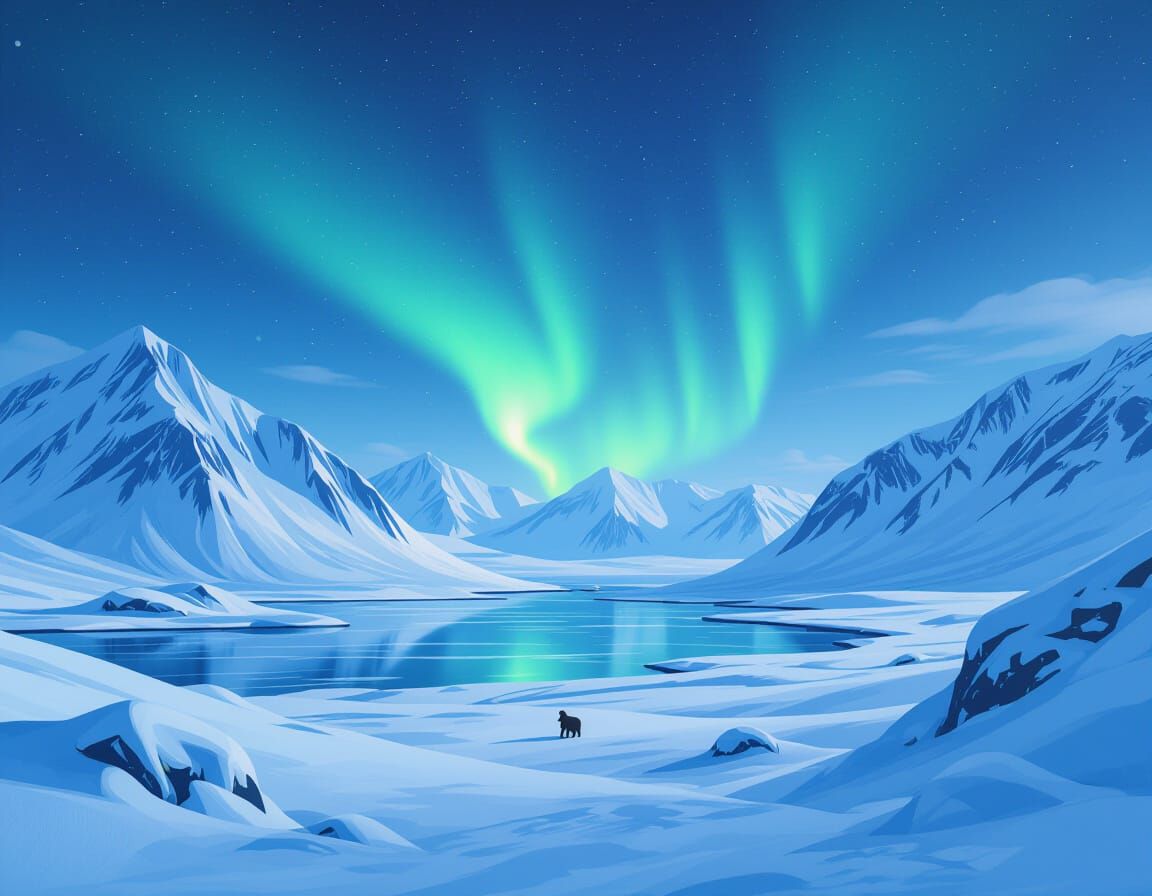 Surreal Svalbard Winter Landscape with Northern Lights