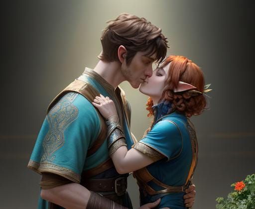 Dwarf and Elf Embrace in Digital Art Style
