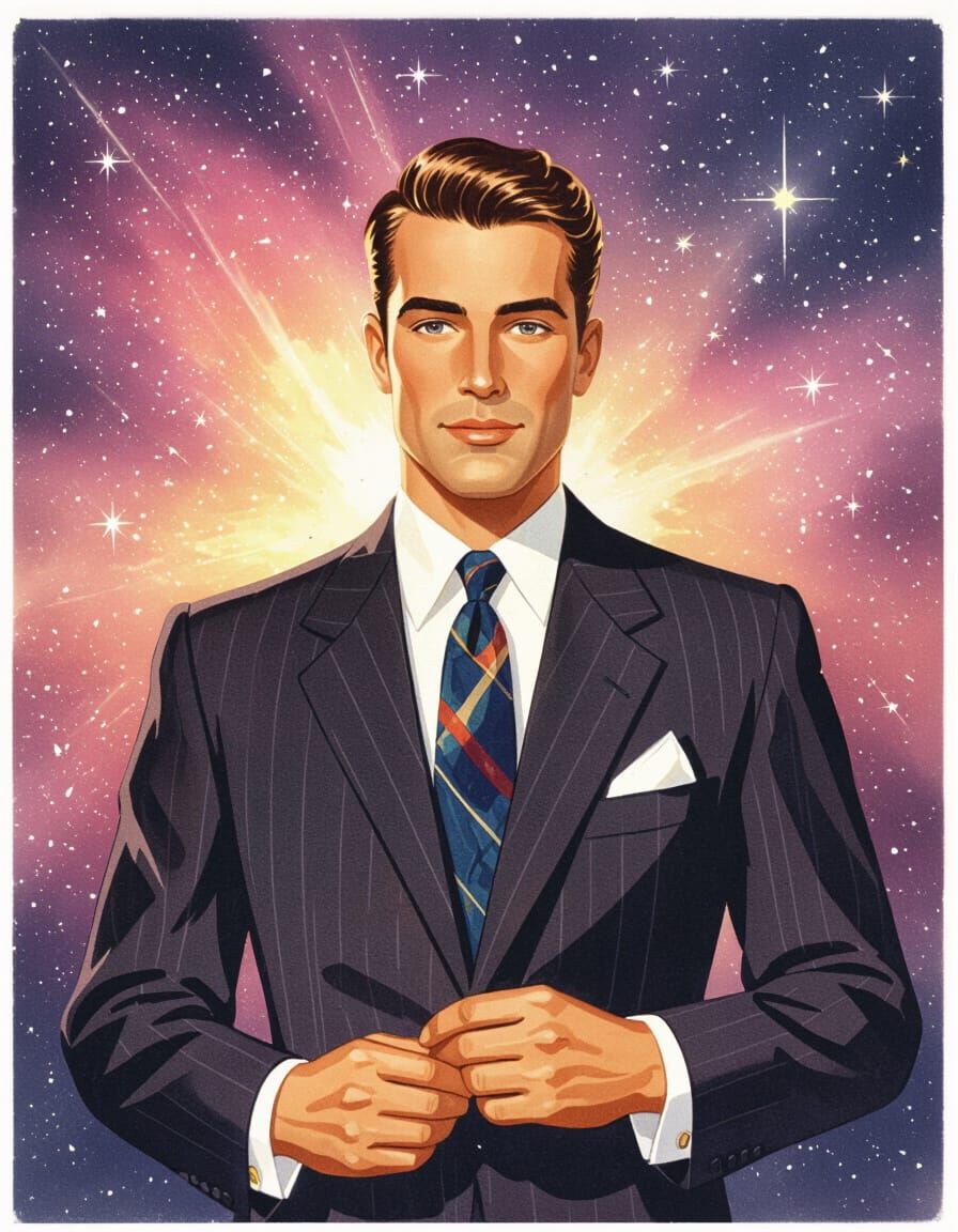 Elegant Man in 1950s Style, Watercolor Illustration