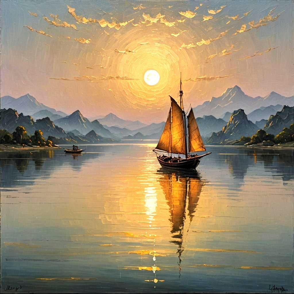 Chinese Sailboat at Night in Impasto Style