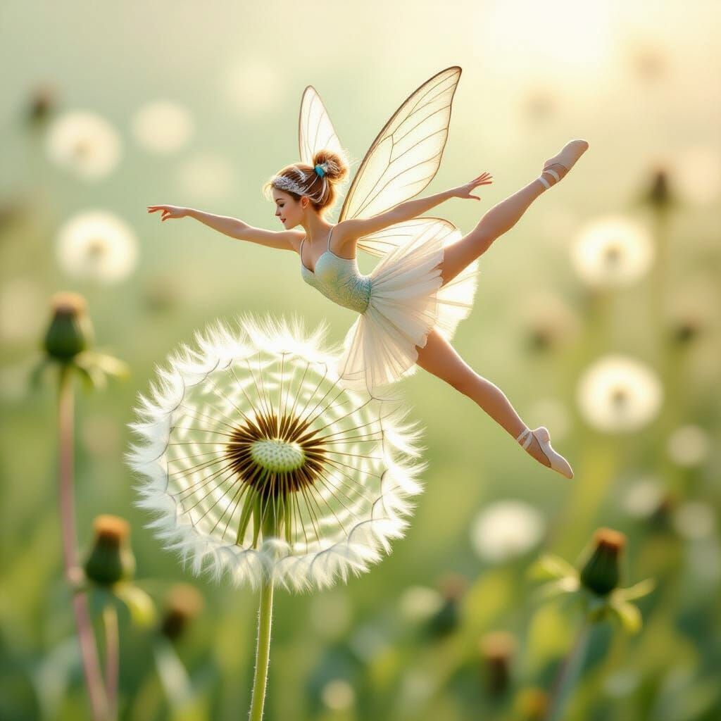 Fairy Acrobat on Dandelion Seed in Dreamlike Meadow