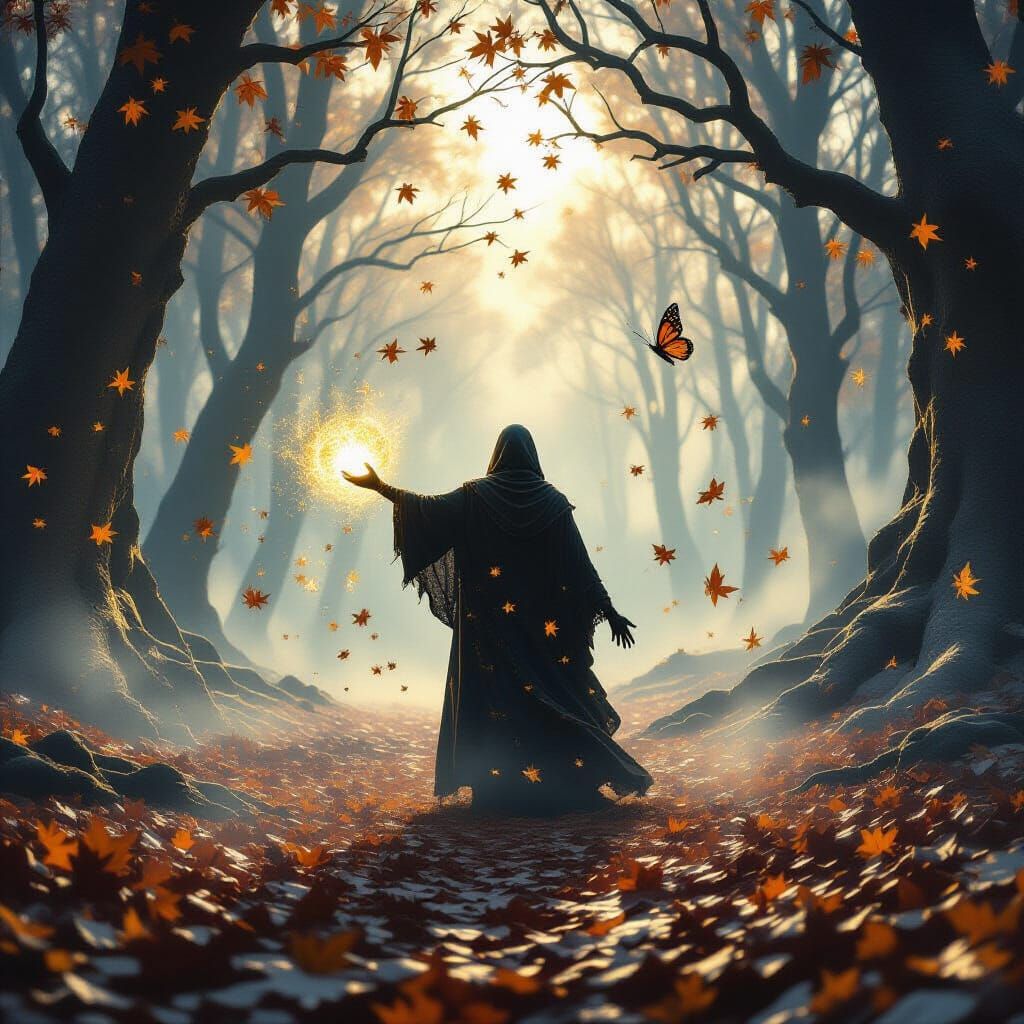 Mysterious Figure in Frozen Forest, Cinematic Fantasy Art