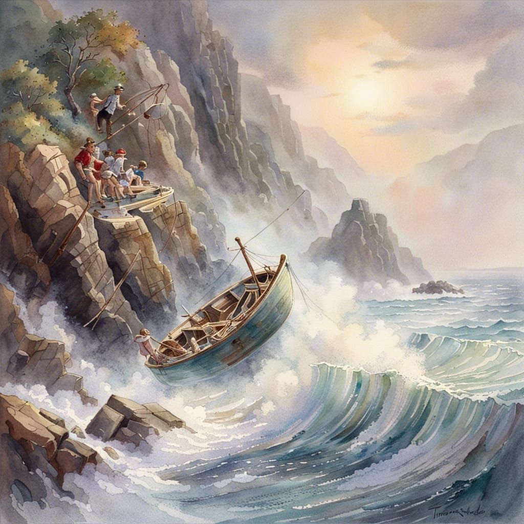 Boat Crashing into Rocky Shoreline as Watercolour