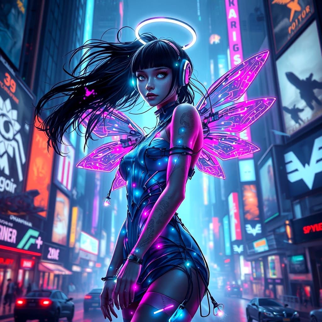 Cyberpunk Woman with Neon Circuitry in Futuristic City