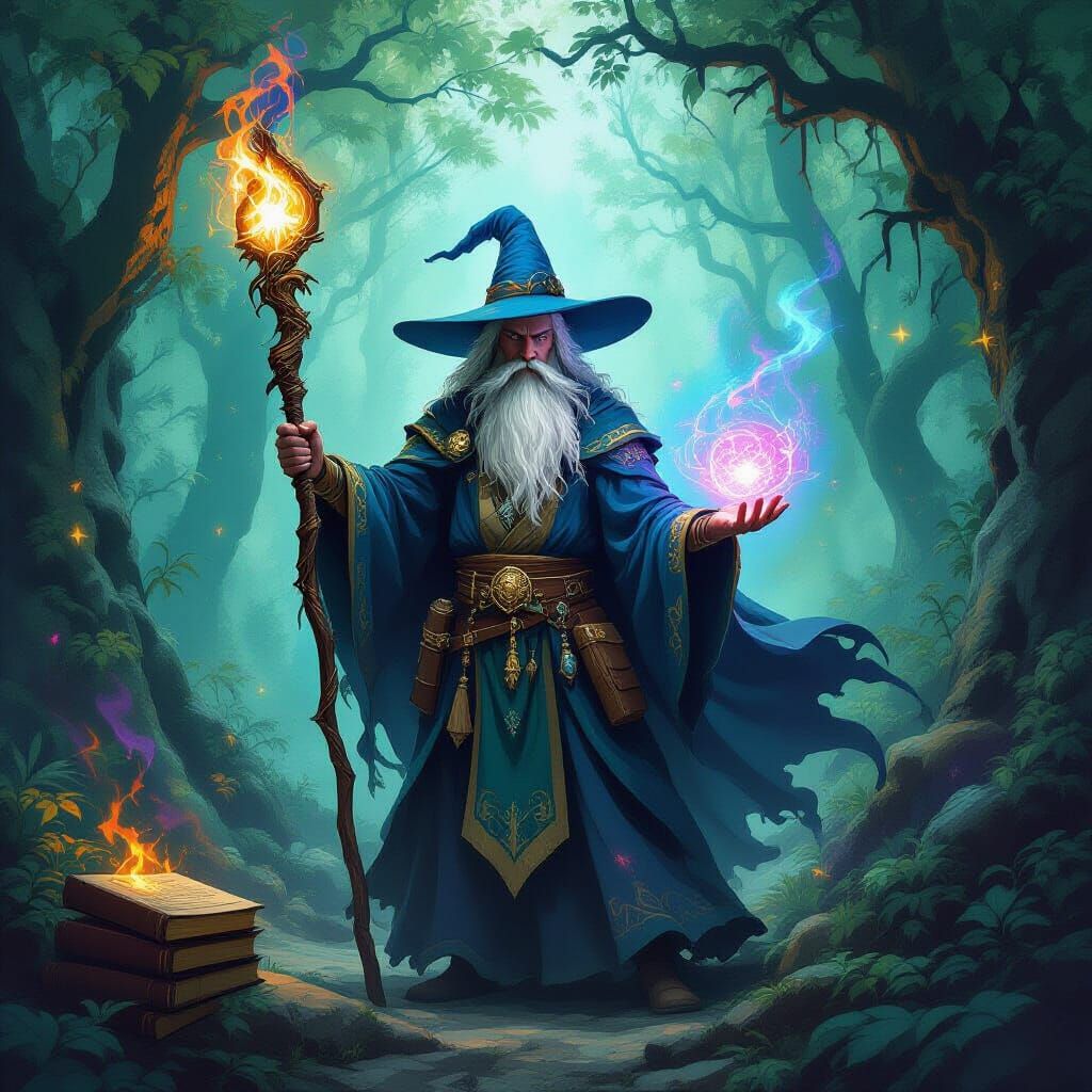 Powerful Wizard in Mystical Forest, Fantasy Art Style