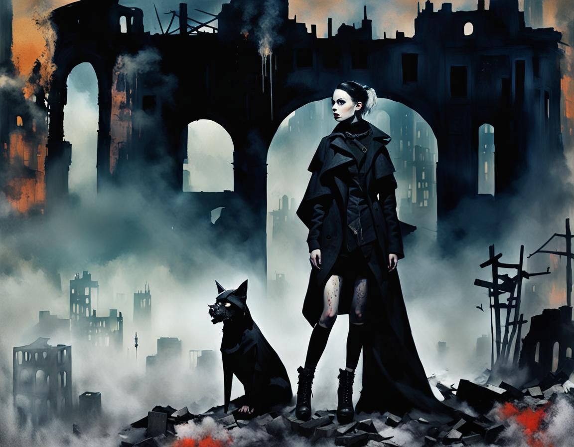 Dark Academia Goth Cityscape with Female Model