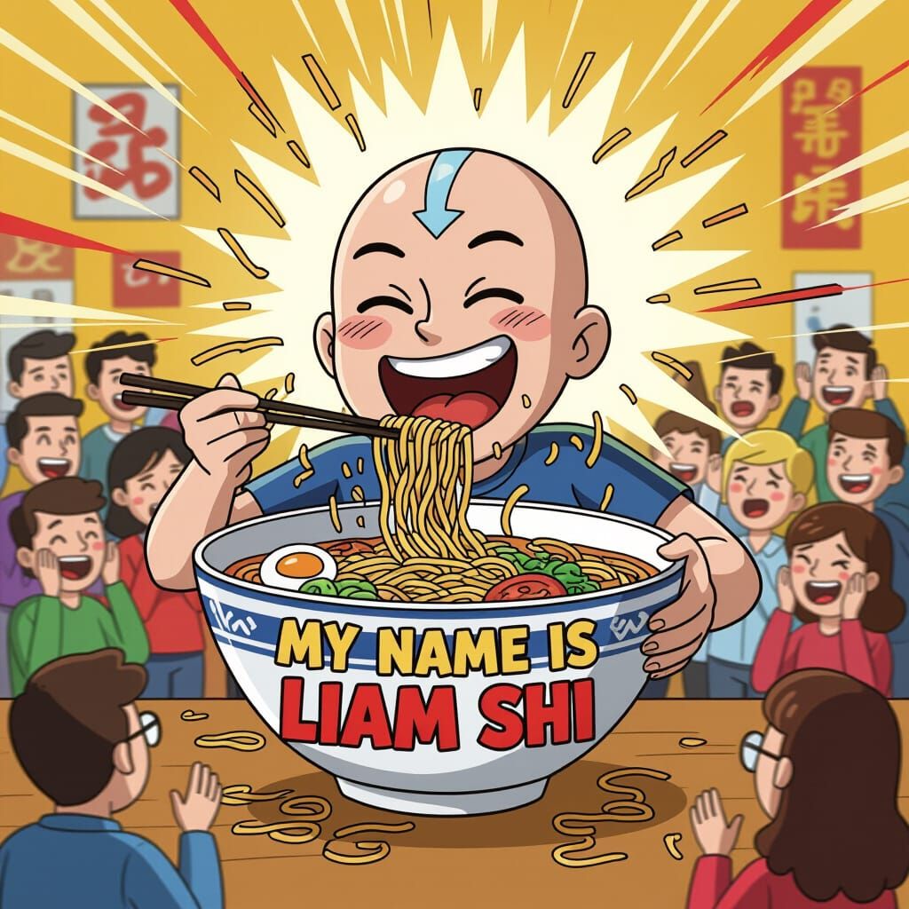 Bald Character Gleefully Eats Ramen in Cartoon Style