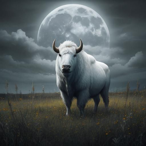 White Bison Under Ominous Moon in Hyperrealistic Style