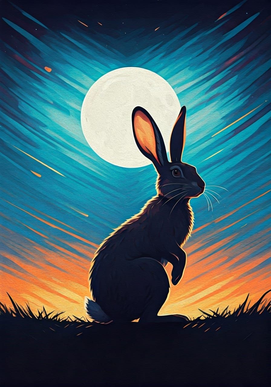 Rabbit Silhouette Under Moon in Ethereal Style