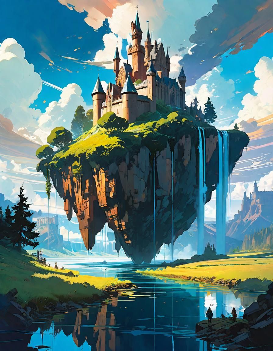 Floating Island City with Gothic Castle, Surreal Art