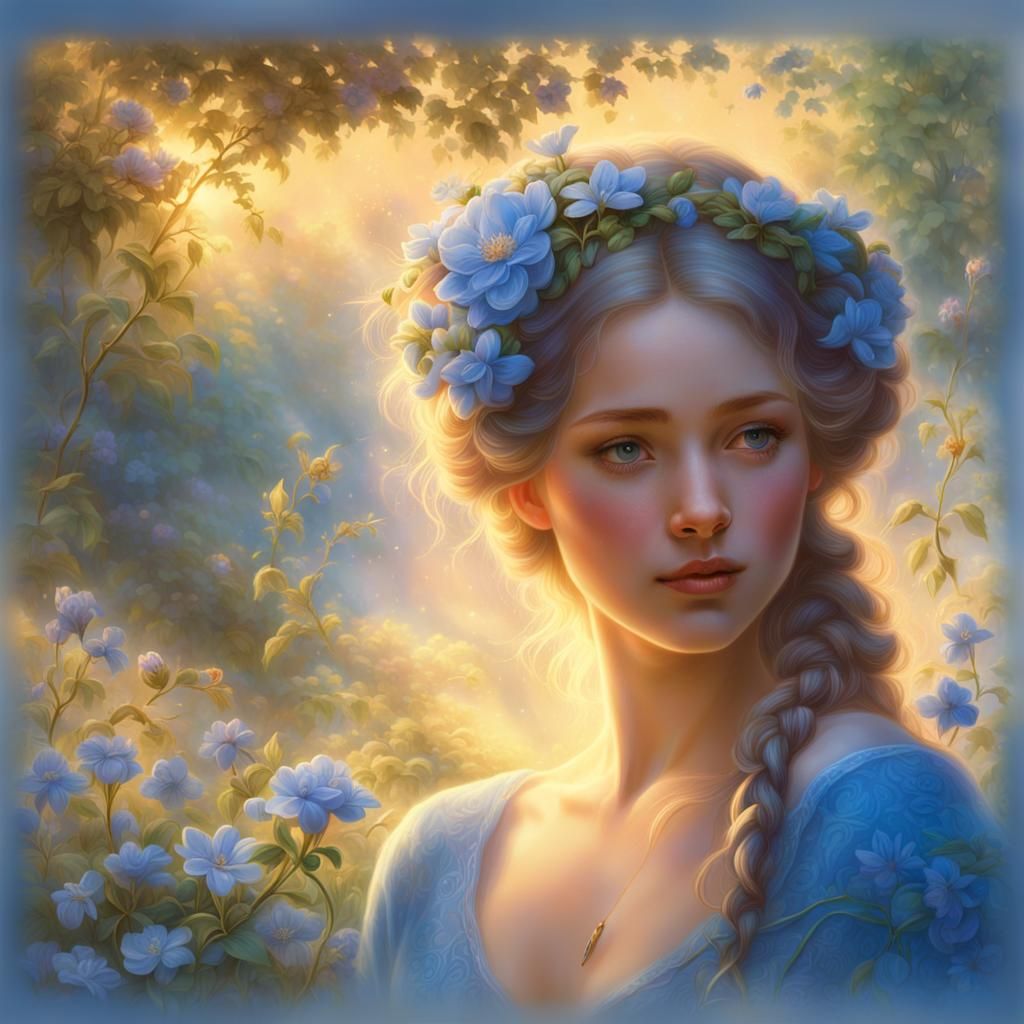 Ethereal Woman in Garden: Fantasy Art in Oil Painting Style