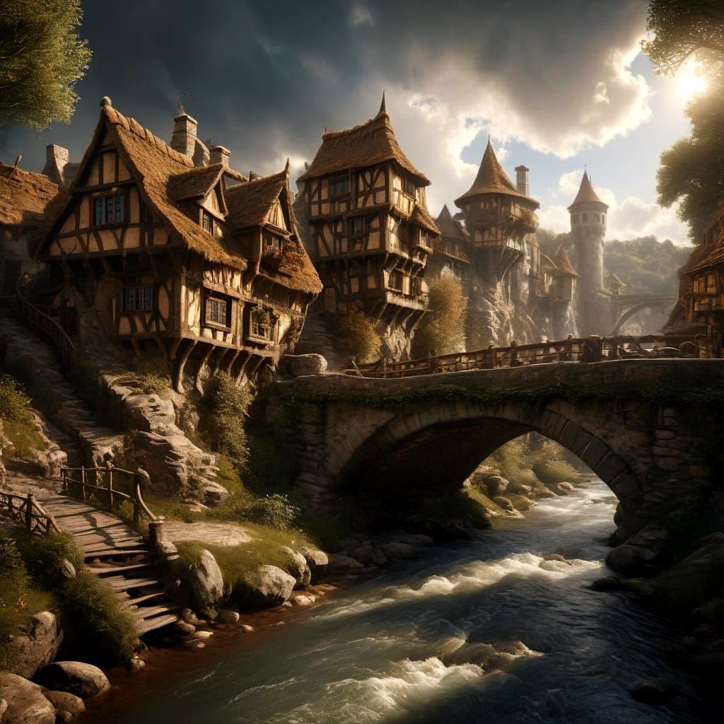 Medieval Houses on a Bridge in a Fantastical Sky