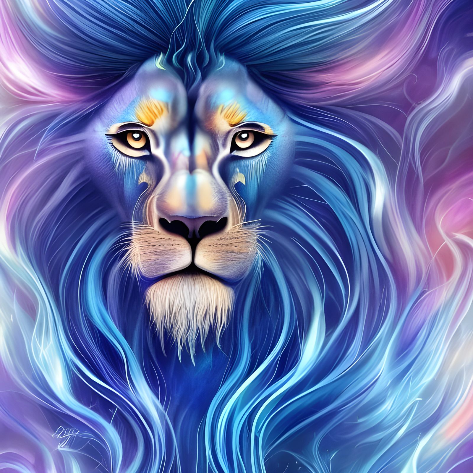 Cyan Fire Lion in Forest: Digital Art
