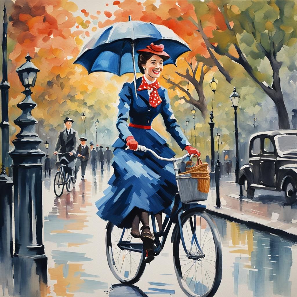 Mary Poppins Rides a Bicycle: Gouache Impressionist Art
