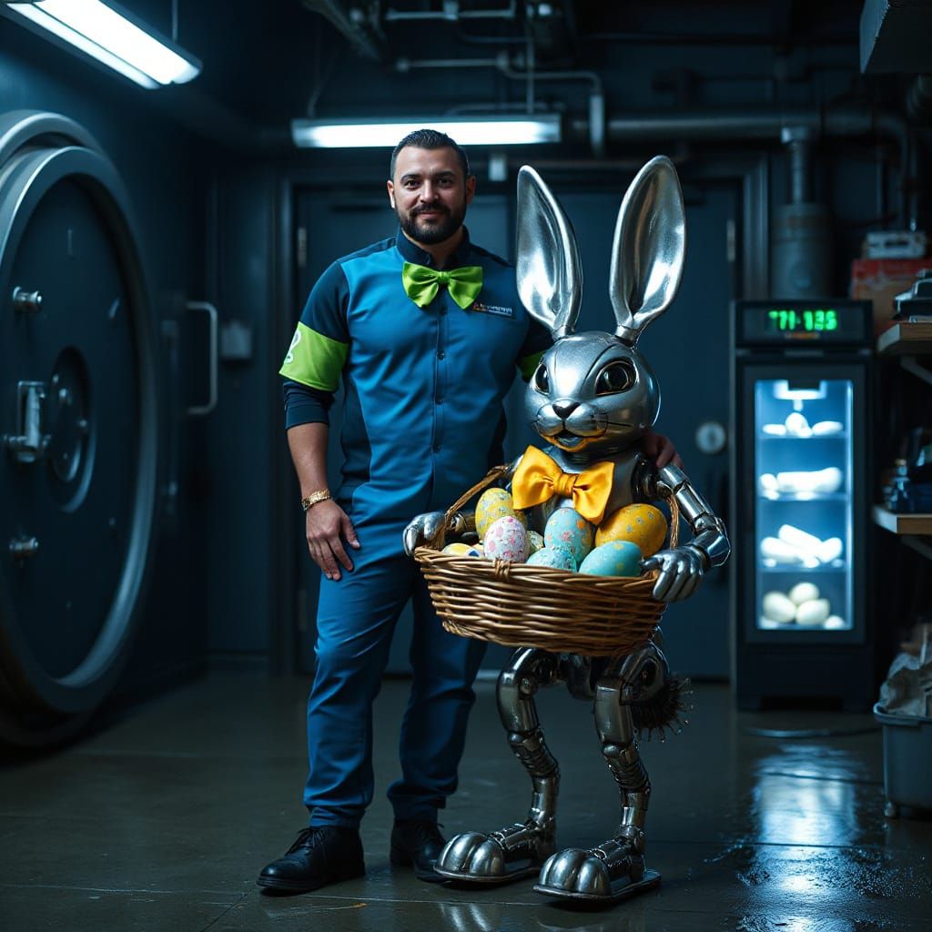 Clockwork Easter Bunny in Futuristic Vault Repair Bay