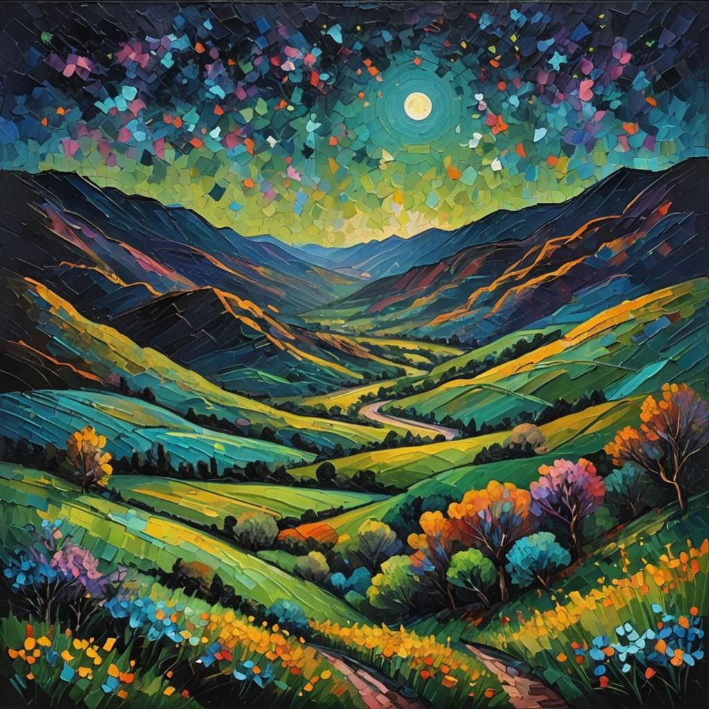 Night Valley in Expressionist Oil Painting