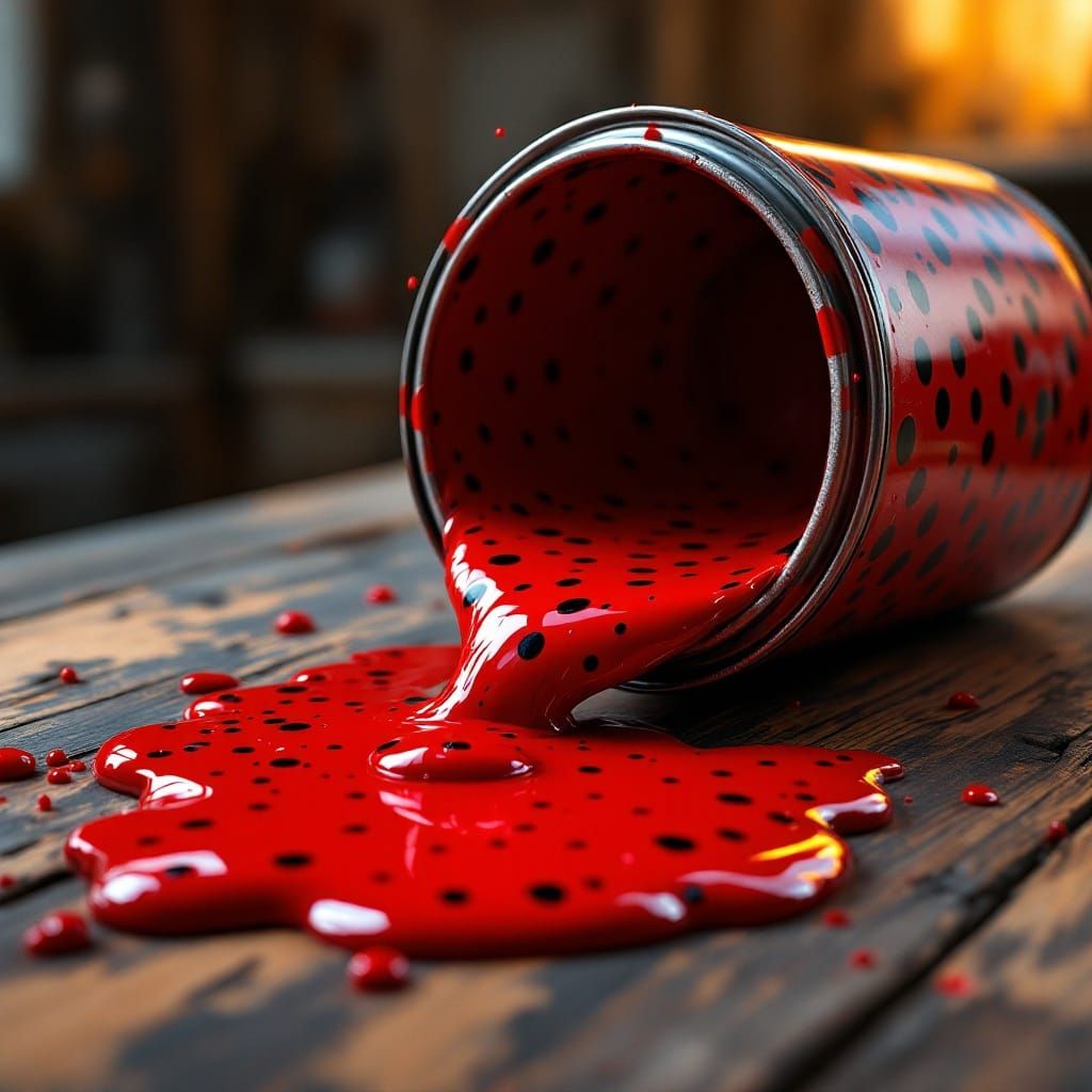 Whimsical Paint Can Spills Polka-Dots on Rustic Workshop