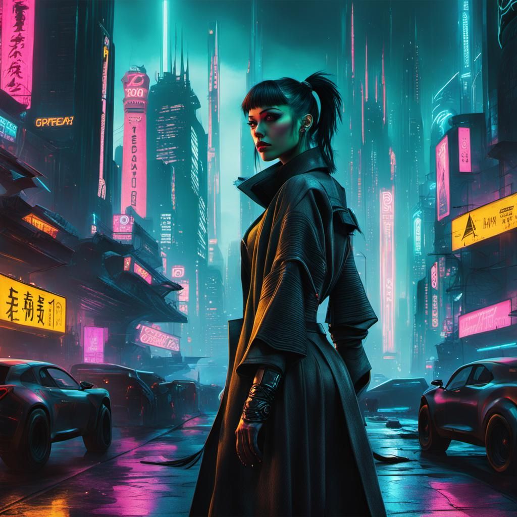 Cyberpunk Witch in Neon Cityscape