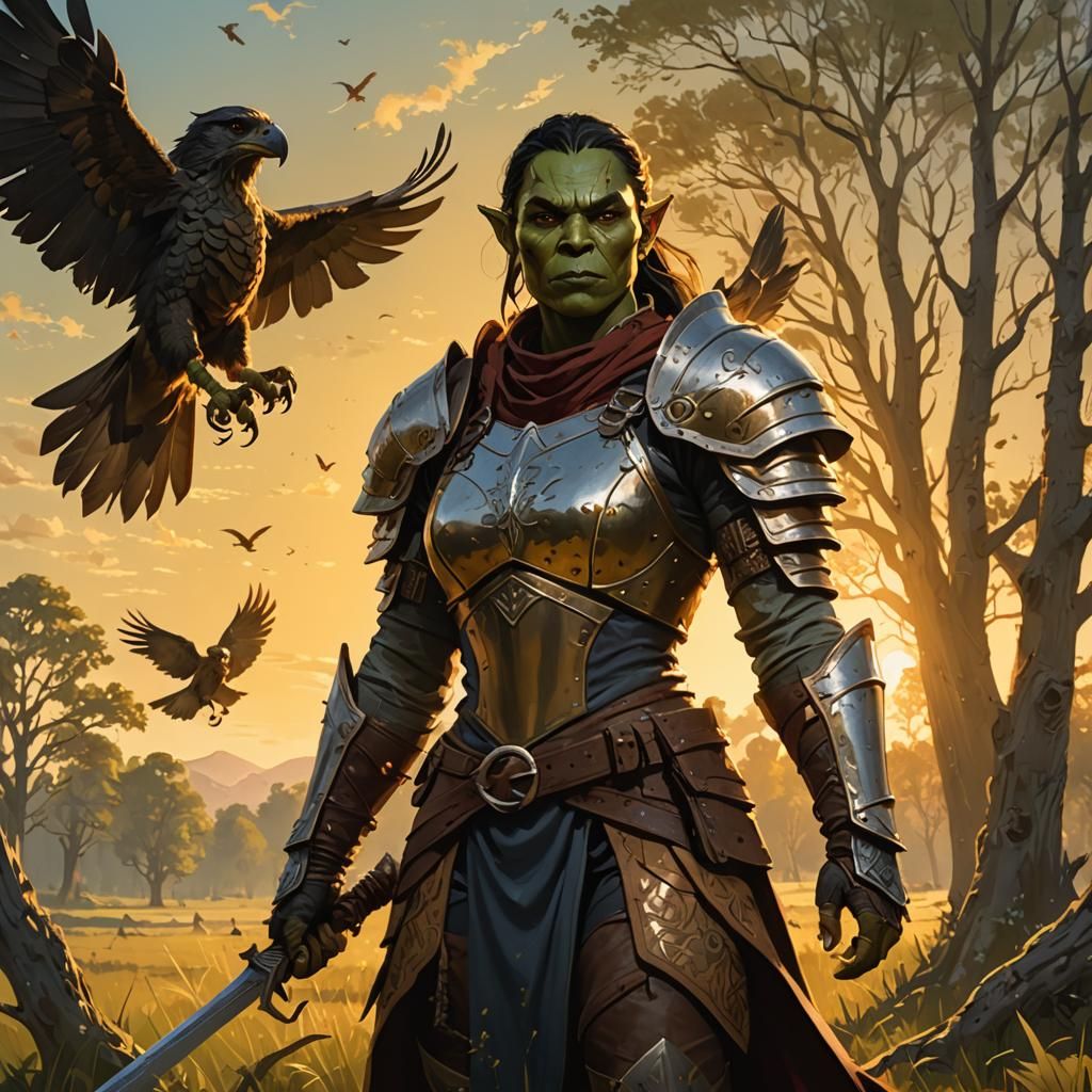 Orc Falconer in a Sunny Fantasy Landscape