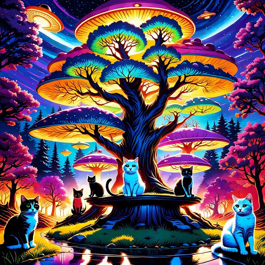 Cats Under Mushroom Tree with Flying UFOs