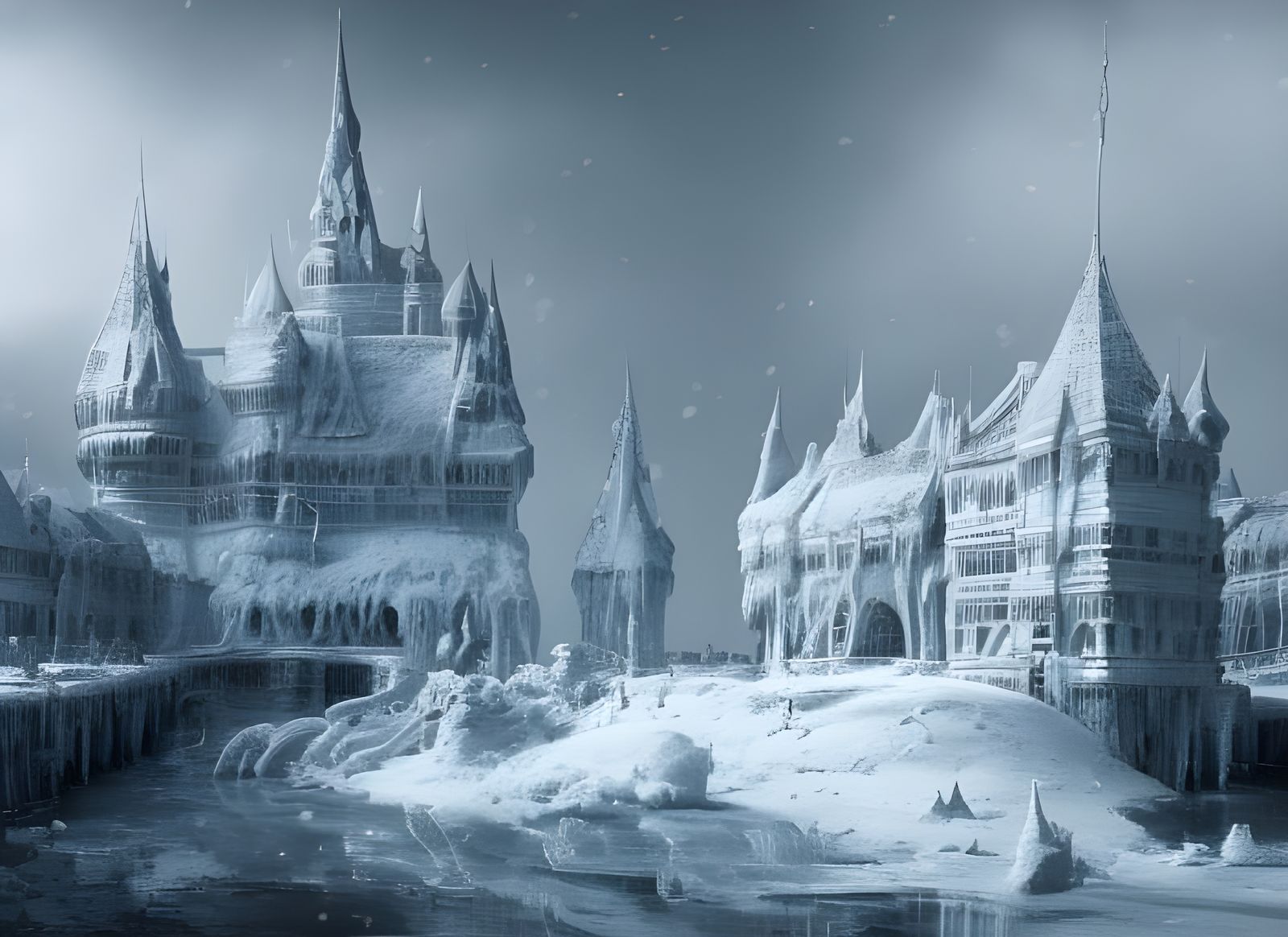 Intricate Ice Castle by Frozen River, Hyperrealistic Style