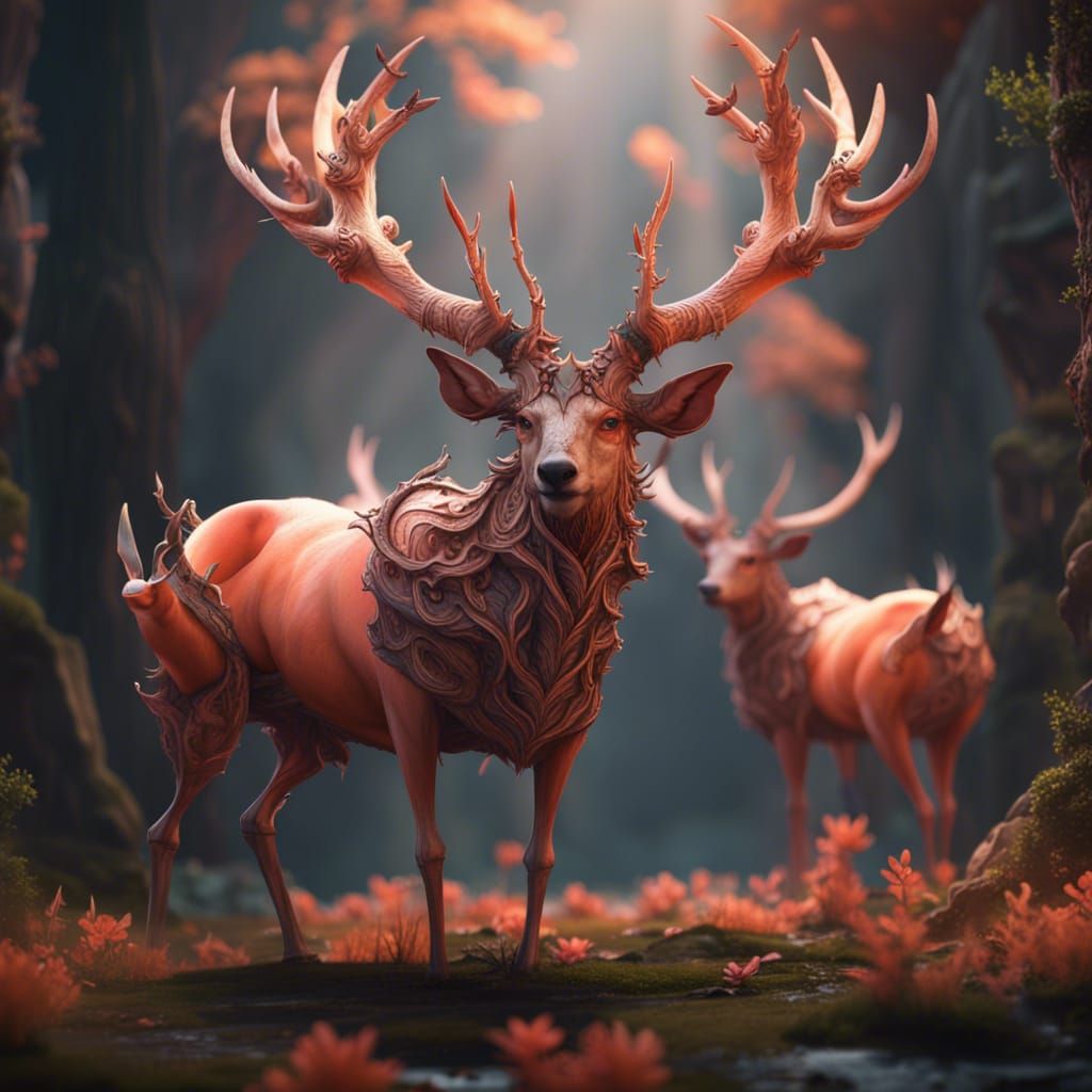 Peach Antlered Deer in Detailed Fantasy Art