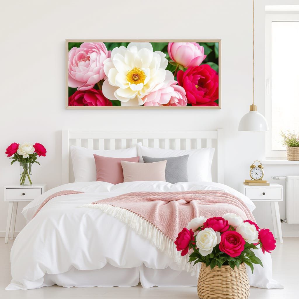 Bedroom Interior with Pink and Red Peonies