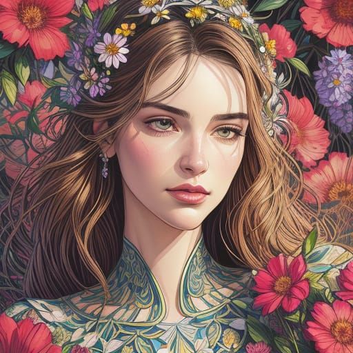 Woman Surrounded by Flowers in Comic Book Art Style