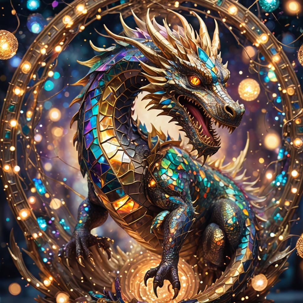 Wise Magical Dragon with Iridescent Mosaic Shell
