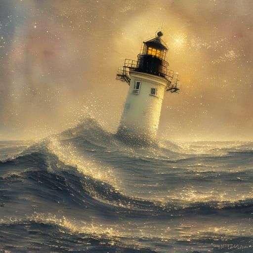 Moonlit Lighthouse in Dreamy Watercolor Style