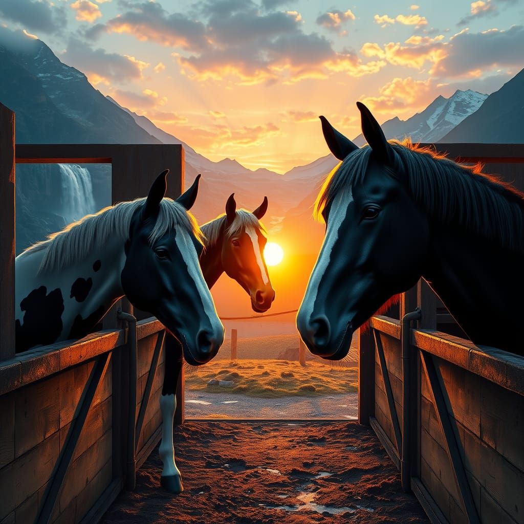 Ethereal Horses in Sunset Stables, Amidst a Majestic Mountai...