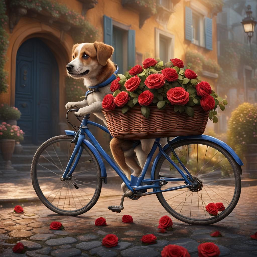 Dog Rides Bicycle with Roses, Art Photography