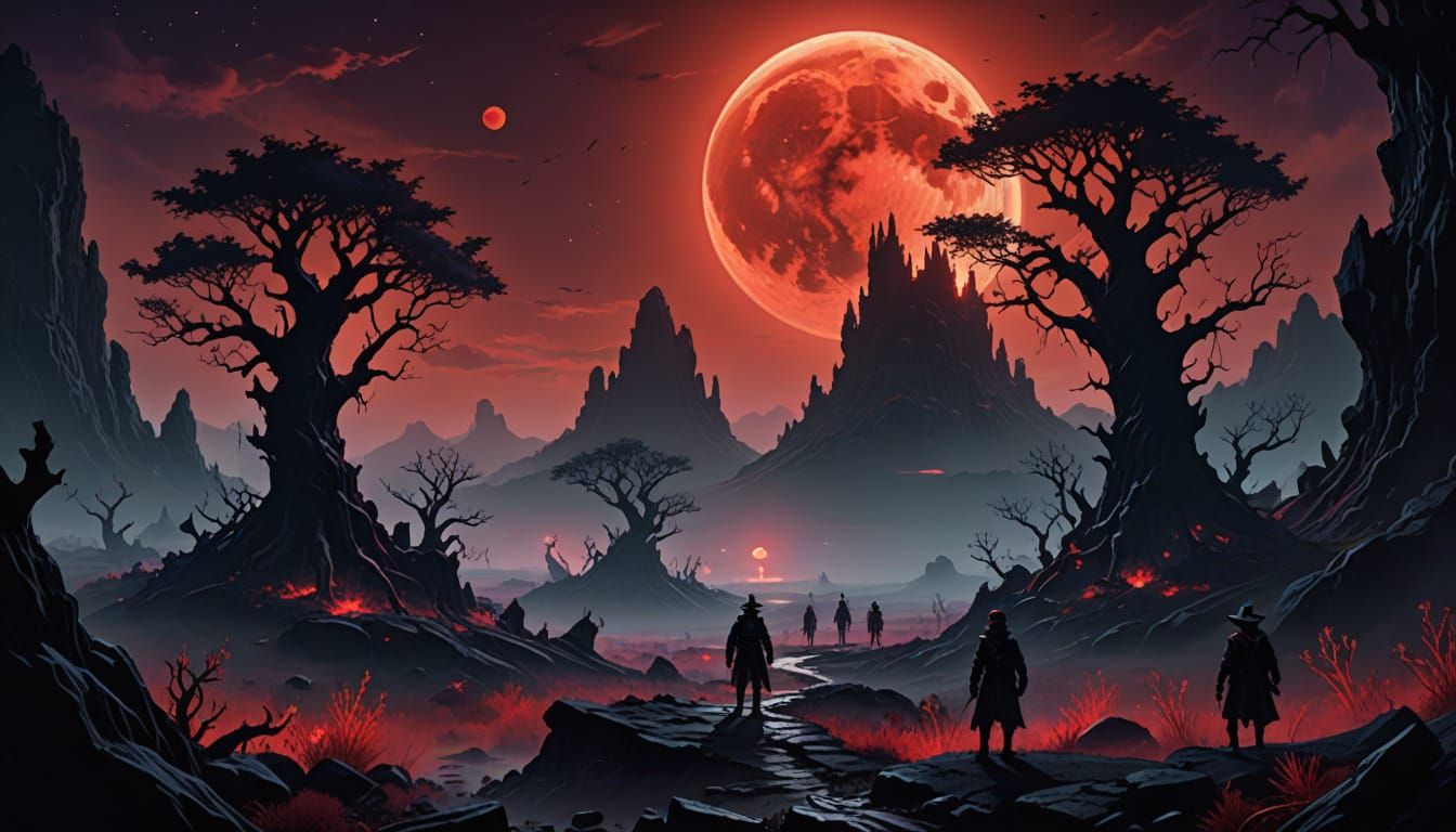 Dark Fantasy Figures Stand at Abyss Edge