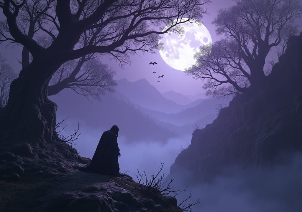 Eerie Figure in Shadowy, Moonlit, Raven-Winged Landscape