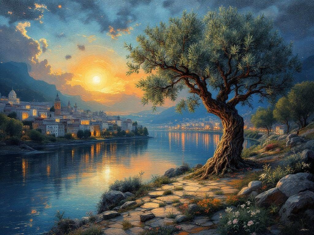 Olive Tree by River in Fibonacci Mosaic Style