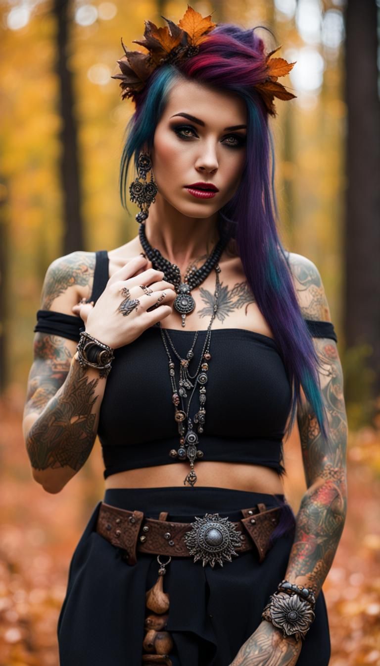 Gothic Gypsy in Magic Autumn Forest