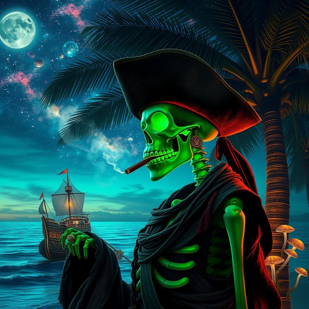 Ethereal Glowing Skeleton Pirate Under Cosmic Skies