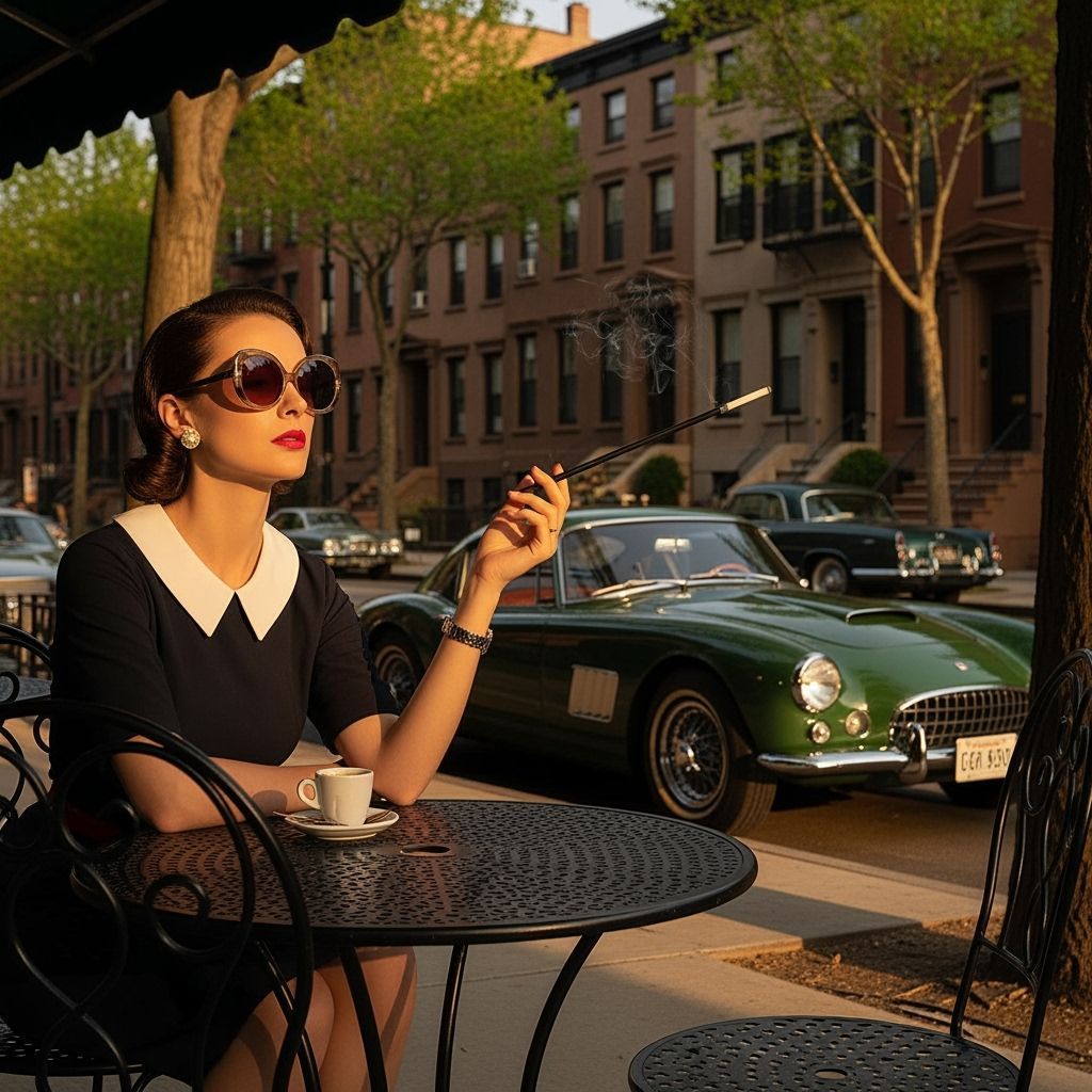 Glamorous Woman at Cafe in Vintage Style