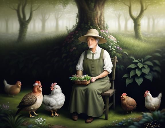 Hobbit Surrounded by Hens in Whimsical Watercolor