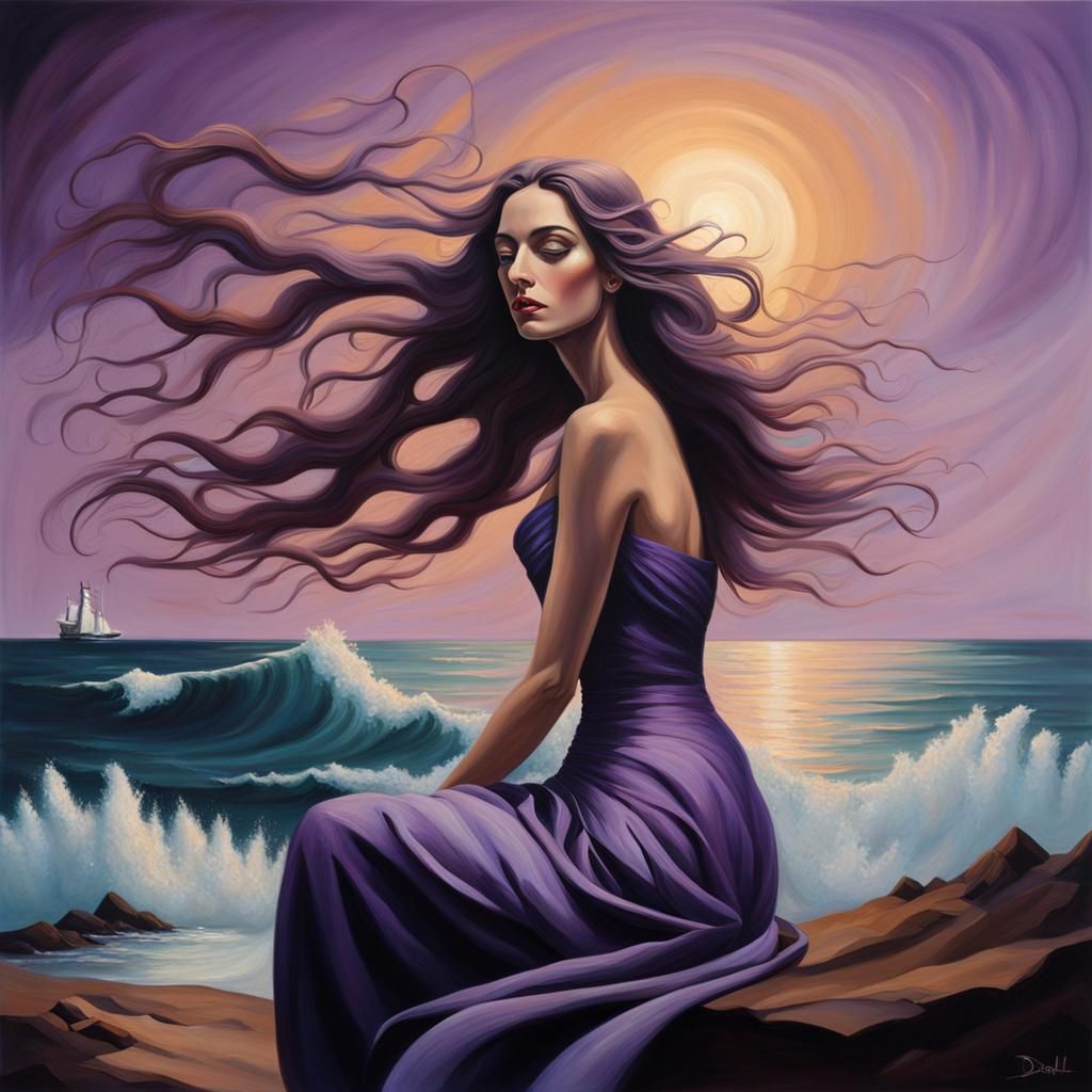 Surreal Woman by Sea at Sunset, Oil on Canvas