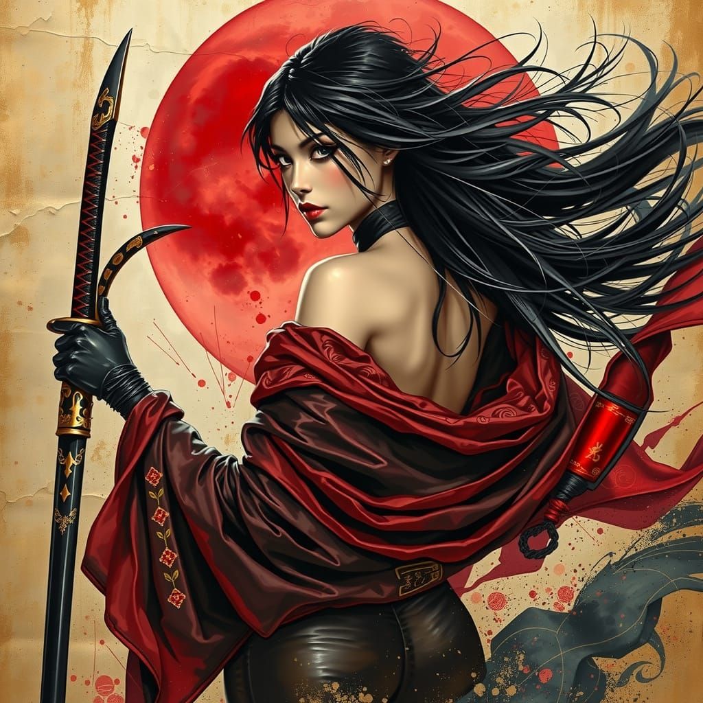 Sensual Japanese Warrior Woman in Oil Painting Style