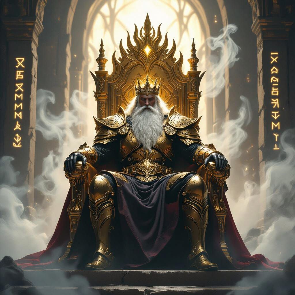 Majestic King on Golden Throne in Misty Realm