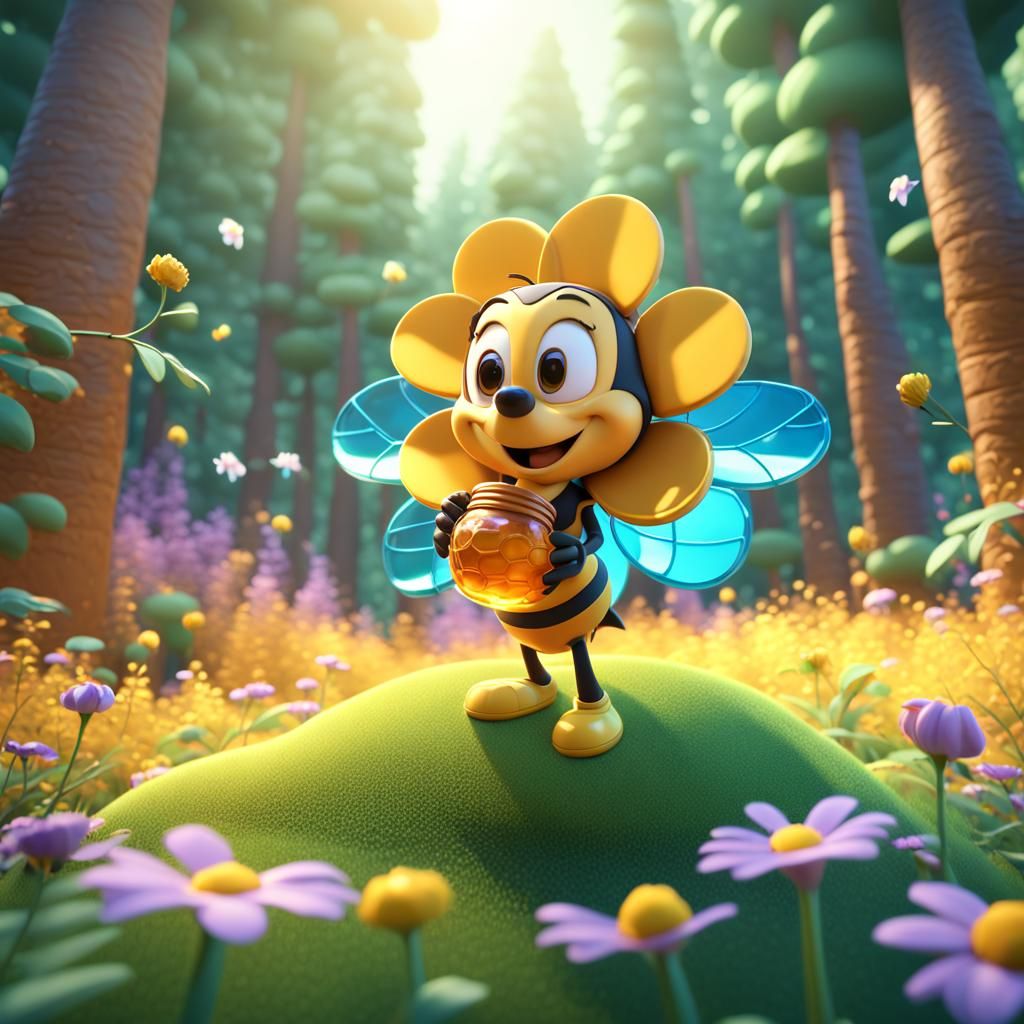 Vibrant Cartoon Honey Flower and Forest Scene