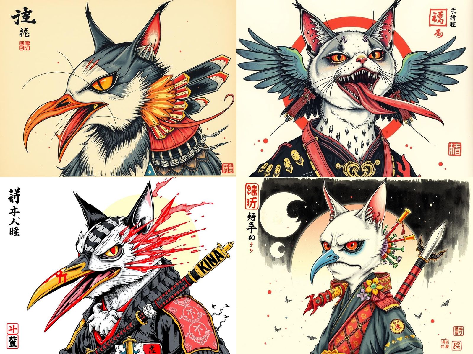 Japanese Horror Cat Samurai Hybrid in Ink