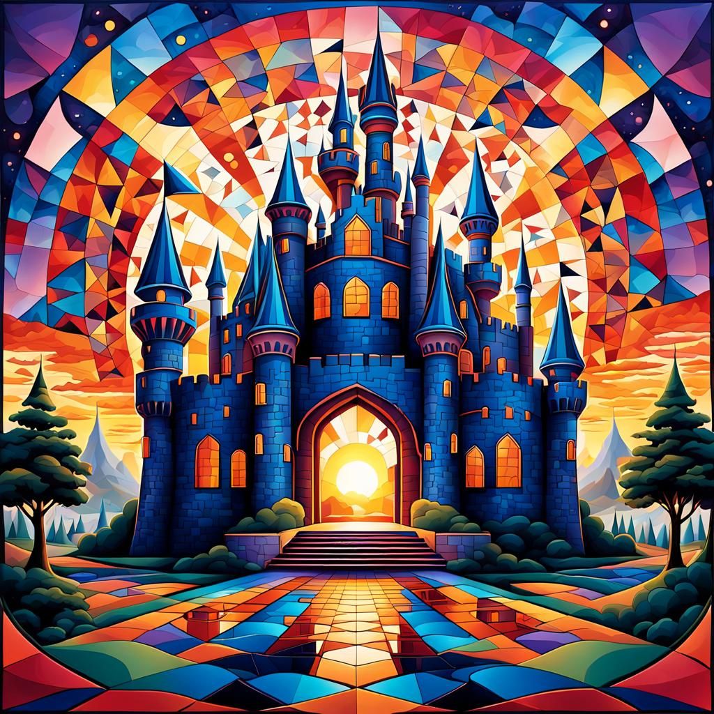 Abstract Geometric Castle Tessellation in Op Art Sunset