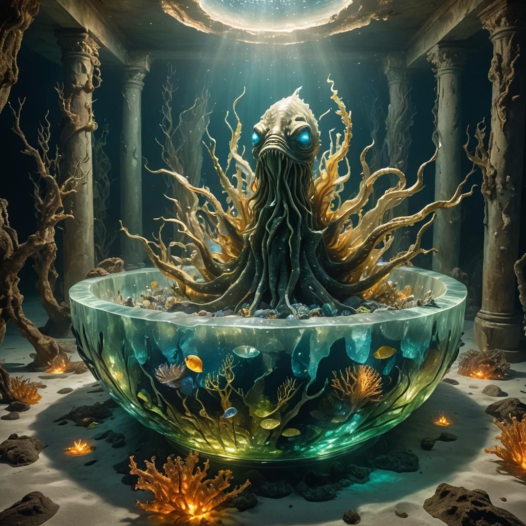 Underwater Sculpture: Sea Creature in Glass Bathtub