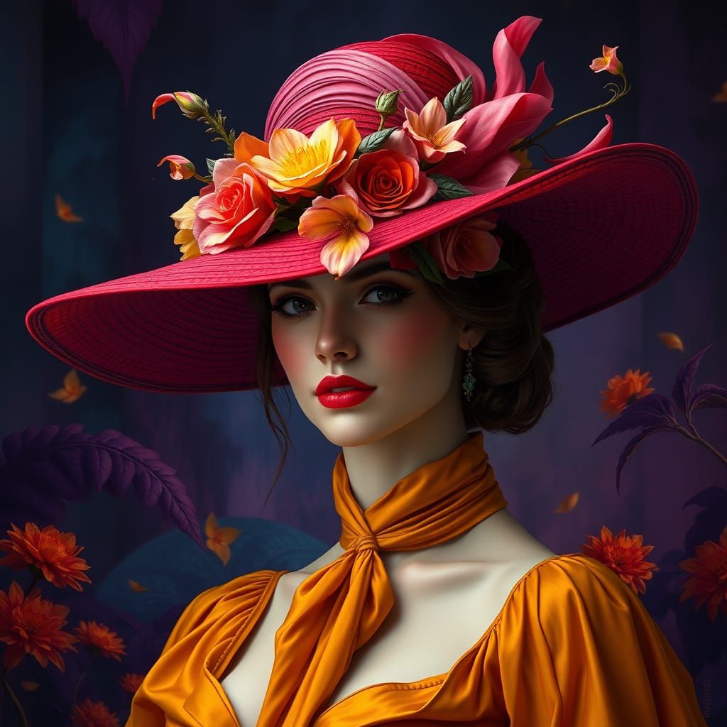 a sophisticated woman wearing a luxurious wide-brimmed red h...