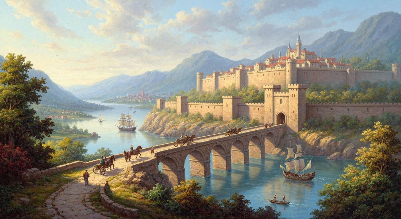 Medieval City on Mountain Wall with Intricate Bridge